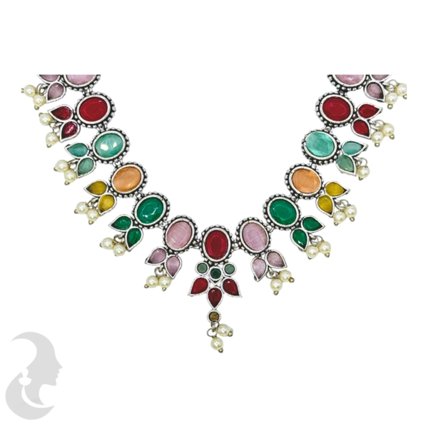 Silver Necklace- Multi Stones- Studs, Product Code: V-1256 - Image 2