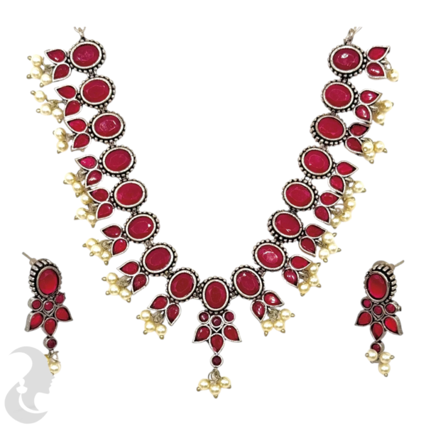 Silver Necklace- Ruby Color Stones- Studs, Product Code: V-1257