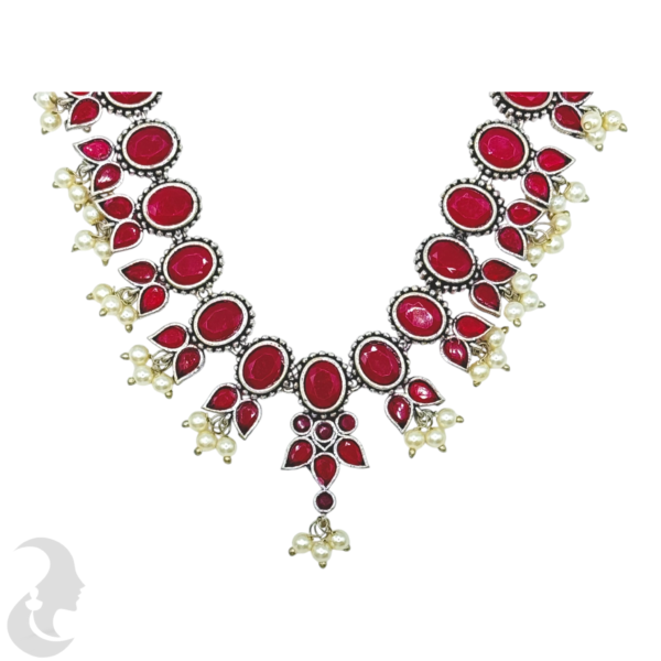 Silver Necklace- Ruby Color Stones- Studs, Product Code: V-1257 - Image 2