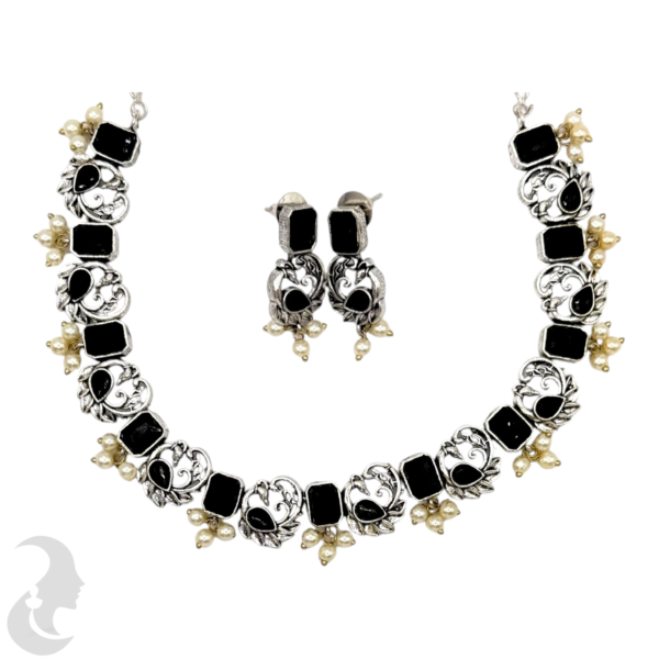 Silver Necklace- Peacock Design- Black Stones- Studs, Product Code: V-1258