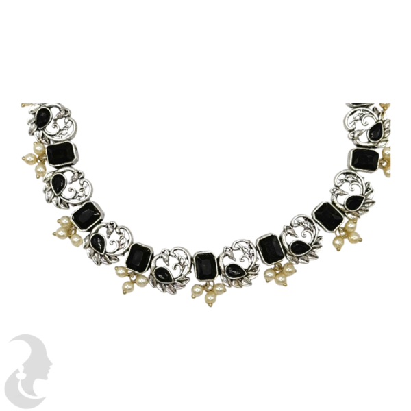 Silver Necklace- Peacock Design- Black Stones- Studs, Product Code: V-1258 - Image 2