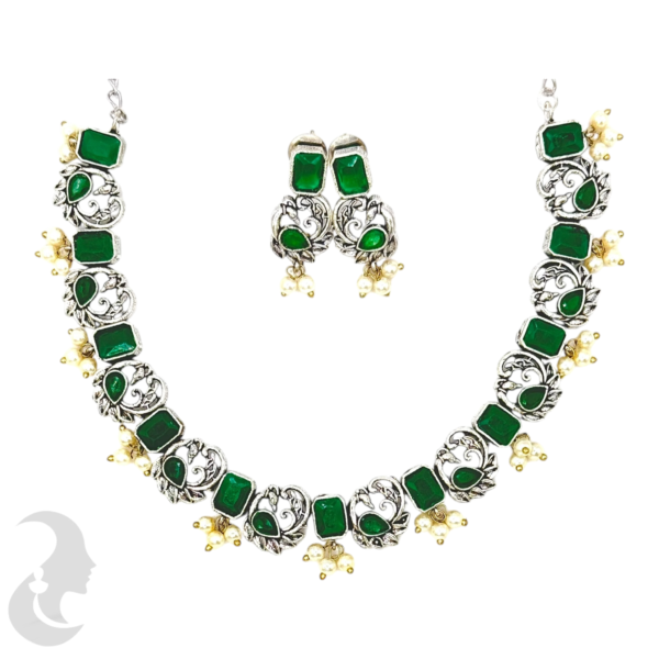 Silver Necklace- Peacock Design- Green Color Stones- Studs, Product Code: V-1259