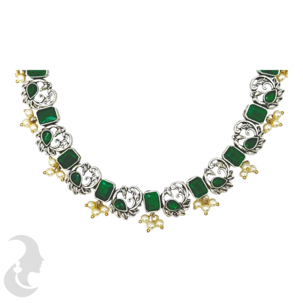 Silver Necklace- Peacock Design- Green Color Stones- Studs, Product Code: V-1259 - Image 2