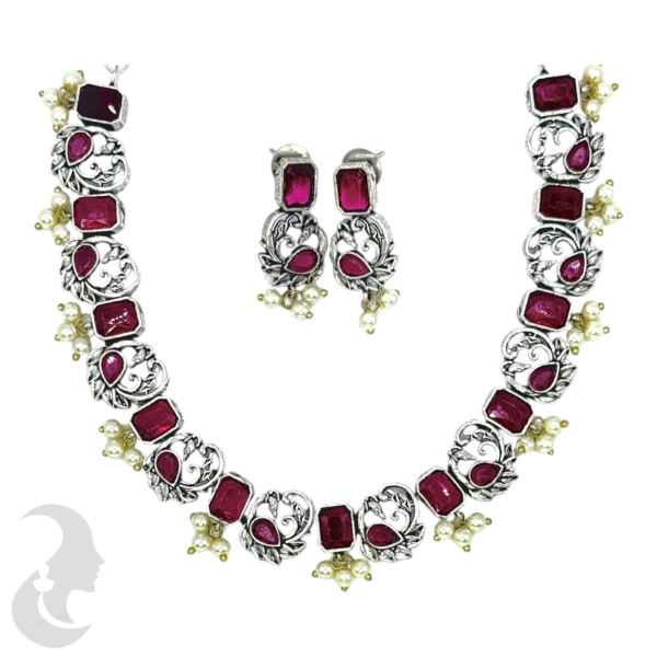 Silver Necklace- Peacock Design- Ruby Color Stones- Studs, Product Code: V-1260