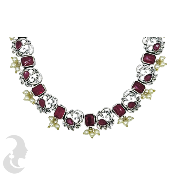 Silver Necklace- Peacock Design- Ruby Color Stones- Studs, Product Code: V-1260 - Image 2