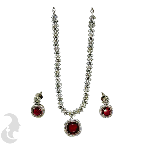 Silver Necklace- Ruby Color Square Pendant- Studs, Product Code: V-1262