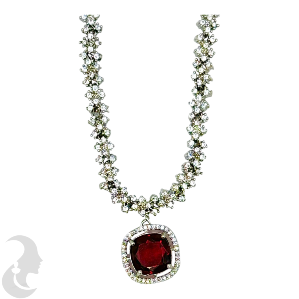 Silver Necklace- Ruby Color Square Pendant- Studs, Product Code: V-1262 - Image 2