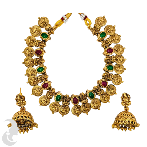 Matte Finish Lakshmi Coin Necklace - Ruby & Green Color Stones- Jhumkas, Product Code: V-1031