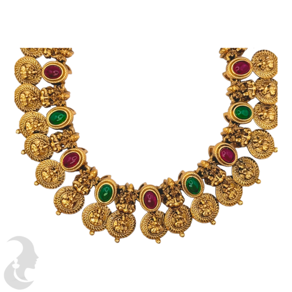 Matte Finish Lakshmi Coin Necklace - Ruby & Green Color Stones- Jhumkas, Product Code: V-1031 - Image 2