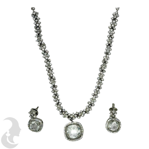 Silver Necklace- Crystal Square Pendant- Studs, Product Code: V-1263