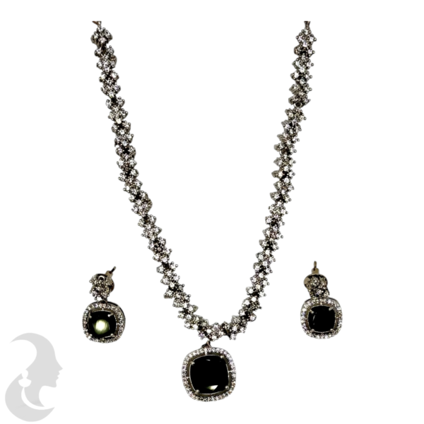 Silver Necklace- Black Square Pendant- Studs, Product Code: V-1264