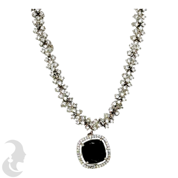 Silver Necklace- Black Square Pendant- Studs, Product Code: V-1264 - Image 2