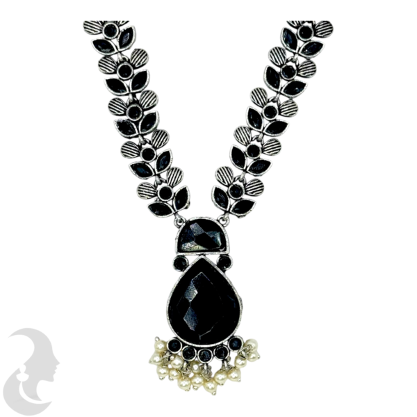 Black Silver Necklace- Gopi Pendant- Black Stones- Studs, Product Code: V-1265 - Image 2