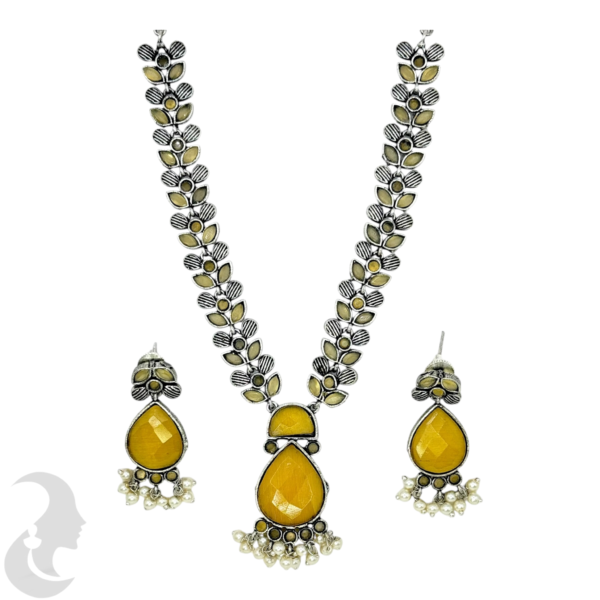 Black Silver Necklace- Gopi Pendant- Yellow Stones- Studs, Product Code: V-1266