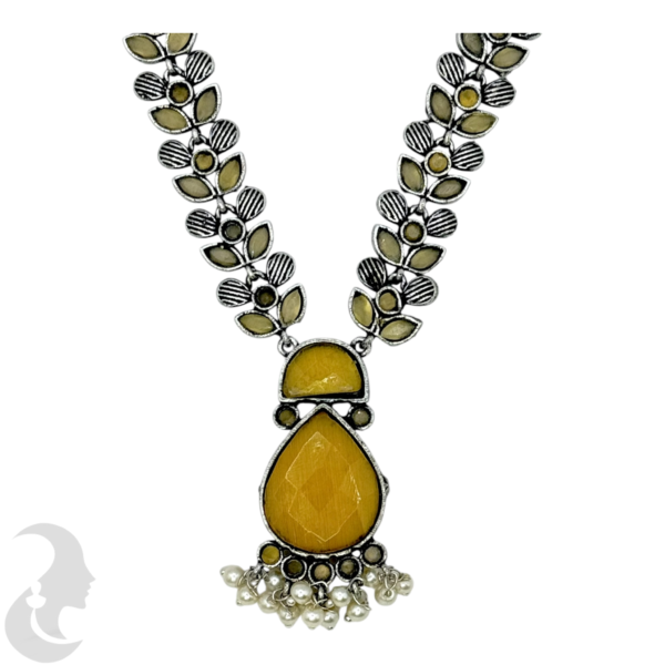 Black Silver Necklace- Gopi Pendant- Yellow Stones- Studs, Product Code: V-1266 - Image 2