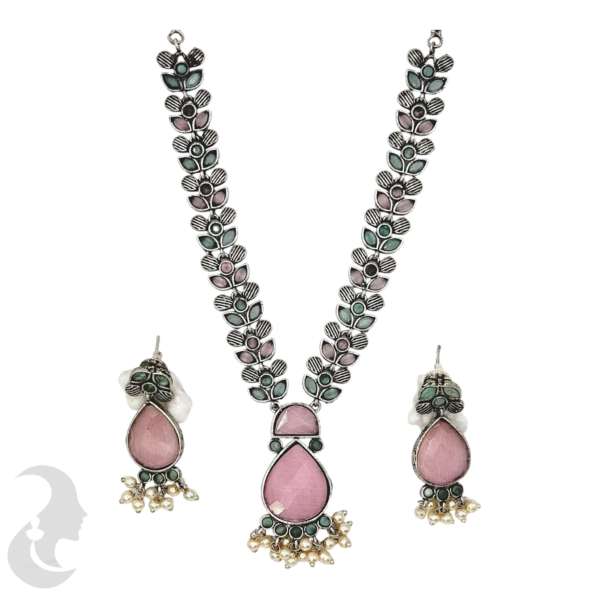 Black Silver Necklace- Gopi Pendant- Mint & Pink Stones- Studs, Product Code: V-1267