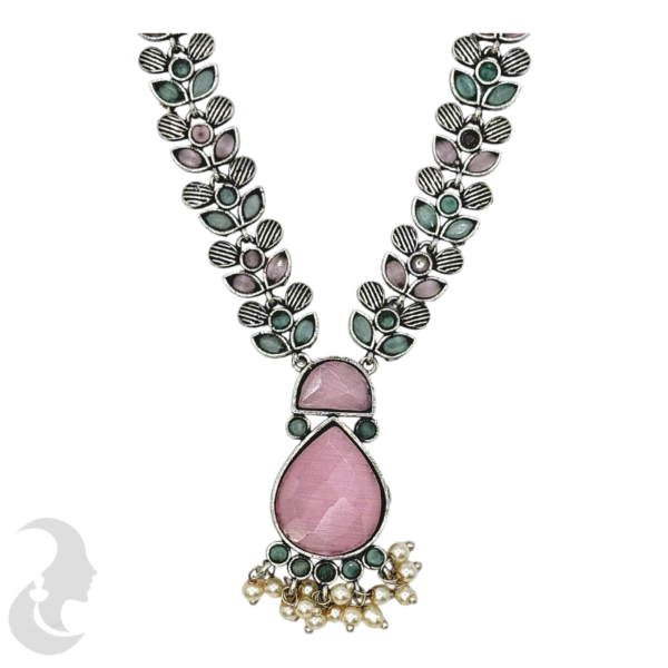 Black Silver Necklace- Gopi Pendant- Mint & Pink Stones- Studs, Product Code: V-1267 - Image 2