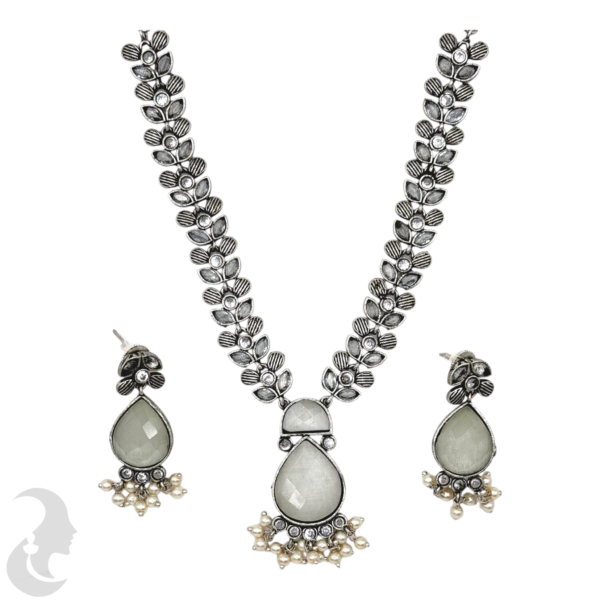 Black Silver Necklace- Gopi Pendant- White Stones- Studs, Product Code: V-1268