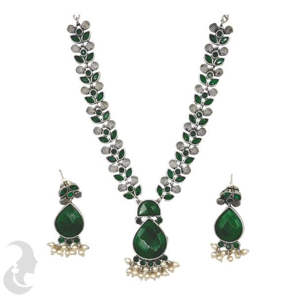 Black Silver Necklace- Gopi Pendant- Green Color Stones- Studs, Product Code: V-1269