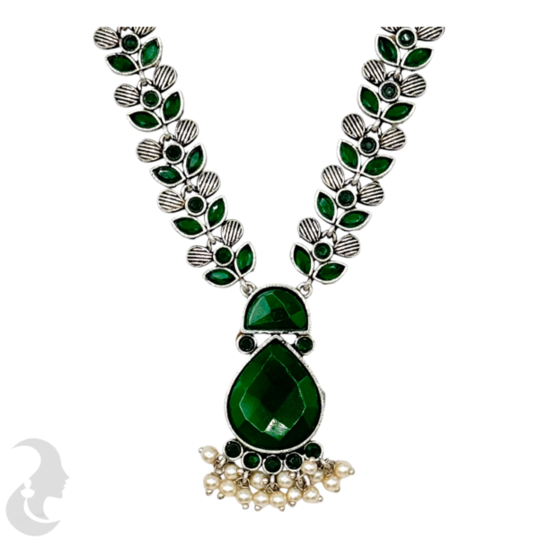 Black Silver Necklace- Gopi Pendant- Green Color Stones- Studs, Product Code: V-1269 - Image 2