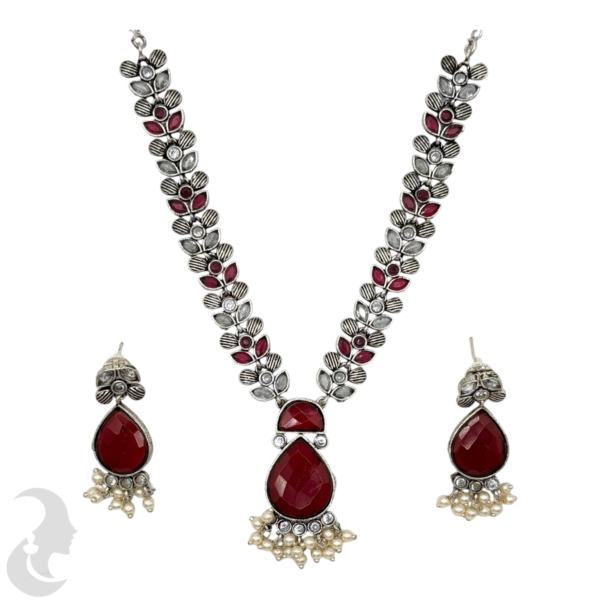 Black Silver Necklace- Gopi Pendant- Ruby Color Stones- Studs, Product Code: V-1270