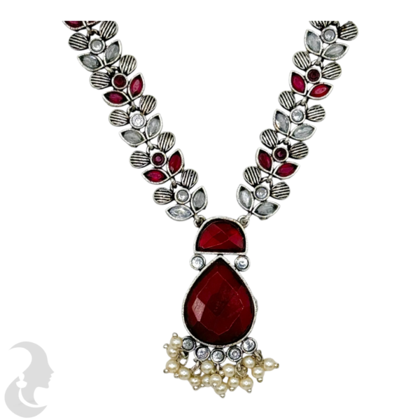 Black Silver Necklace- Gopi Pendant- Ruby Color Stones- Studs, Product Code: V-1270 - Image 2