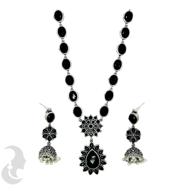 Black Silver Necklace- Gopi & Flower Pendant- Black Color Stones- Jhumkas, Product Code: V-1272