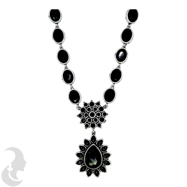 Black Silver Necklace- Gopi & Flower Pendant- Black Color Stones- Jhumkas, Product Code: V-1272 - Image 2