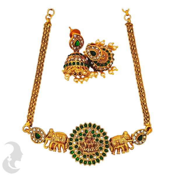 Lakshmi Pendant - Elephant design - Green Color Stones- Jhumkas, Product Code: V-1032