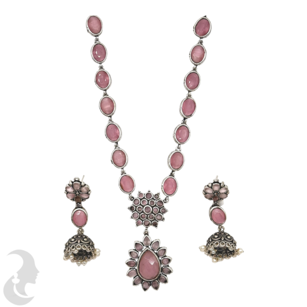 Black Silver Necklace- Gopi & Flower Pendant- Baby Pink Color Stones- Jhumkas, Product Code: V-1273