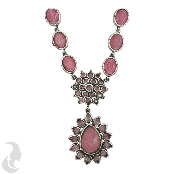 Black Silver Necklace- Gopi & Flower Pendant- Baby Pink Color Stones- Jhumkas, Product Code: V-1273 - Image 2