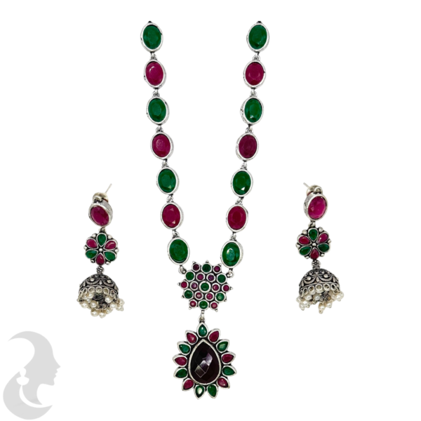 Black Silver Necklace- Gopi & Flower Pendant- Ruby & Green Color Stones- Jhumkas, Product Code: V-1274