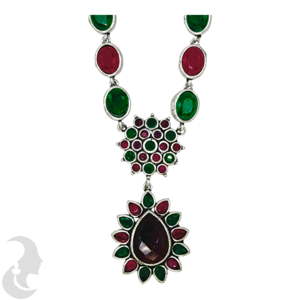 Black Silver Necklace- Gopi & Flower Pendant- Ruby & Green Color Stones- Jhumkas, Product Code: V-1274 - Image 2