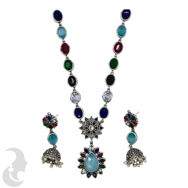 Black Silver Necklace- Gopi & Flower Pendant- Multi Color Stones- Jhumkas, Product Code: V-1275