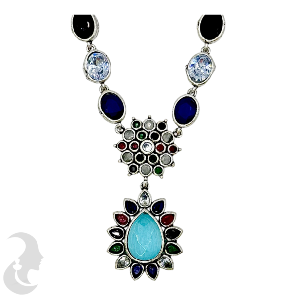 Black Silver Necklace- Gopi & Flower Pendant- Multi Color Stones- Jhumkas, Product Code: V-1275 - Image 2