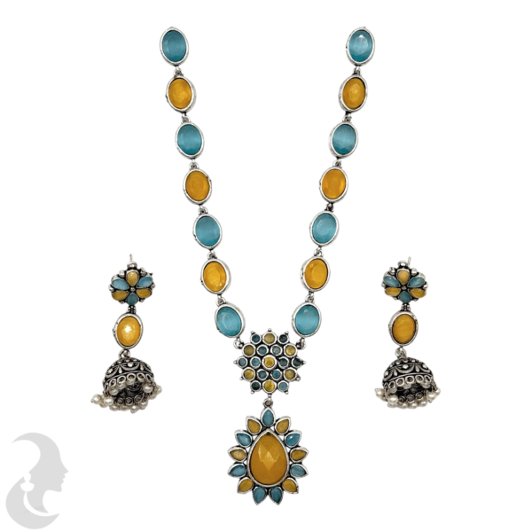 Black Silver Necklace- Gopi & Flower Pendant- Blue & Yellow Color Stones- Jhumkas, Product Code: V-1277