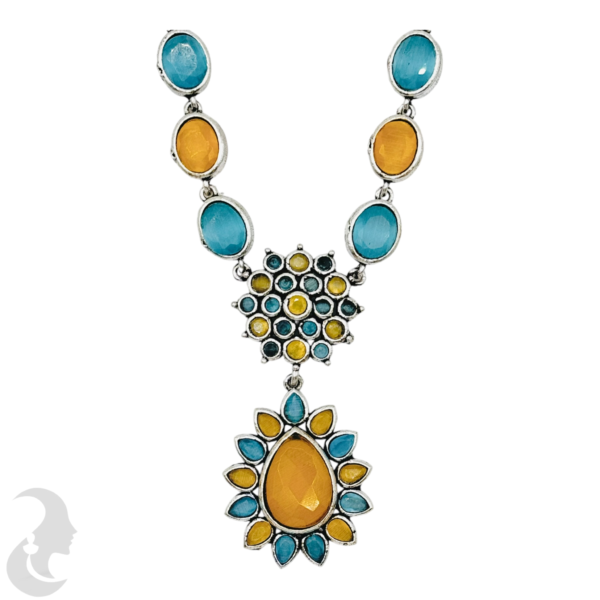 Black Silver Necklace- Gopi & Flower Pendant- Blue & Yellow Color Stones- Jhumkas, Product Code: V-1277 - Image 2