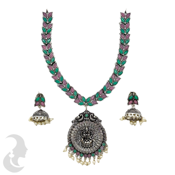 Silver Necklace- Leaf Design- Lakshmi Peacock Pendant- Mint & Pink Color Stones- Jhumkas, Product Code: V-1278