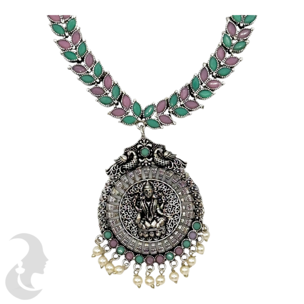 Silver Necklace- Leaf Design- Lakshmi Peacock Pendant- Mint & Pink Color Stones- Jhumkas, Product Code: V-1278 - Image 2