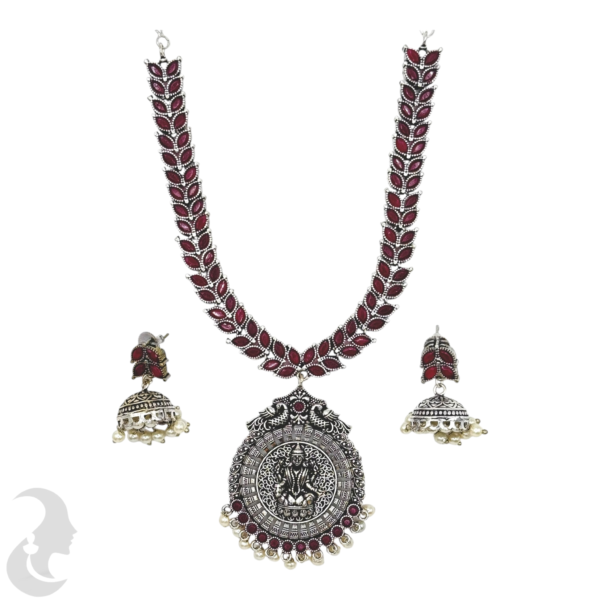 Silver Necklace- Leaf Design- Lakshmi Peacock Pendant- Ruby Color Stones- Jhumkas, Product Code: V-1279