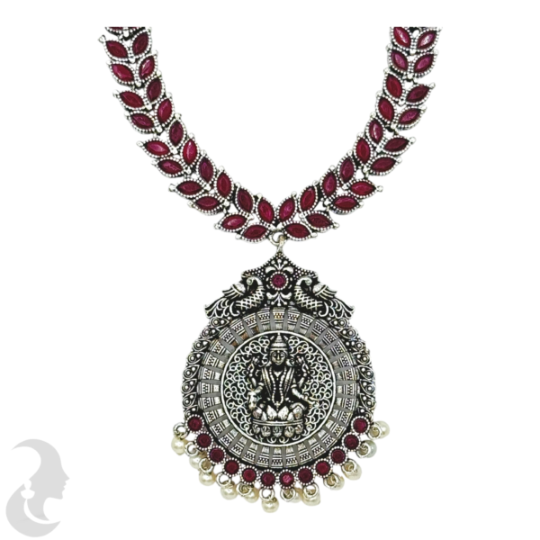 Silver Necklace- Leaf Design- Lakshmi Peacock Pendant- Ruby Color Stones- Jhumkas, Product Code: V-1279 - Image 2