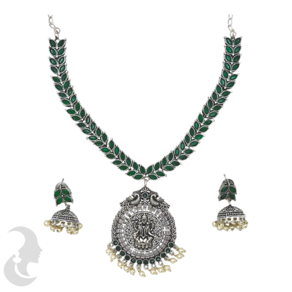 Silver Necklace- Leaf Design- Lakshmi Peacock Pendant- Green Color Stones- Jhumkas, Product Code: V-1280