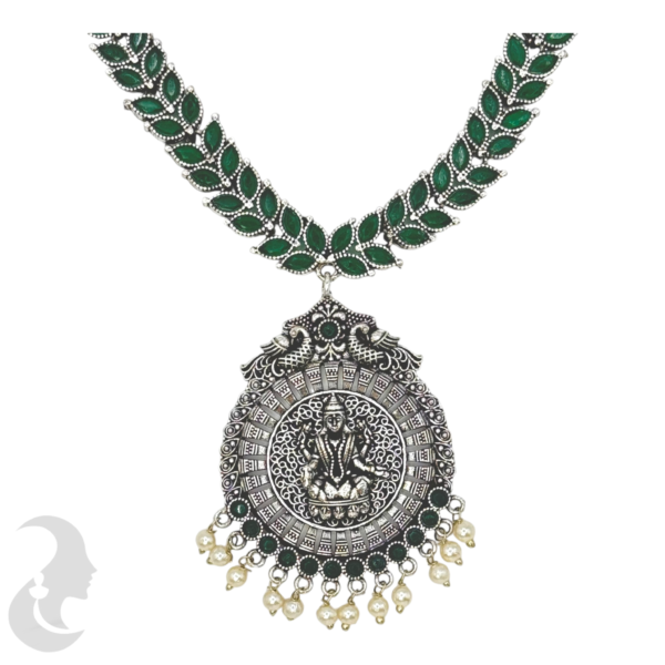 Silver Necklace- Leaf Design- Lakshmi Peacock Pendant- Green Color Stones- Jhumkas, Product Code: V-1280 - Image 2