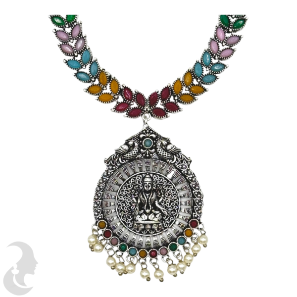 Silver Necklace- Leaf Design- Lakshmi Peacock Pendant- Multi Stones- Jhumkas, Product Code: V-1281 - Image 2