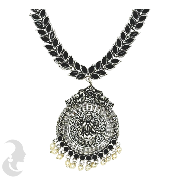 Silver Necklace- Leaf Design- Lakshmi Peacock Pendant- Black Stones- Jhumkas, Product Code: V-1282 - Image 2