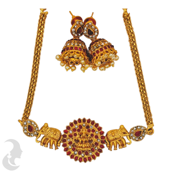 Lakshmi Pendant - Elephant design- Red Stones- Jhumkas, Product Code: V-1033