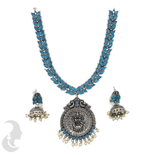 Silver Necklace- Leaf Design- Lakshmi Peacock Pendant- Blue Stones- Jhumkas, Product Code: V-1283