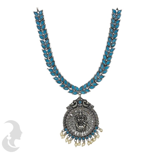 Silver Necklace- Leaf Design- Lakshmi Peacock Pendant- Blue Stones- Jhumkas, Product Code: V-1283 - Image 2