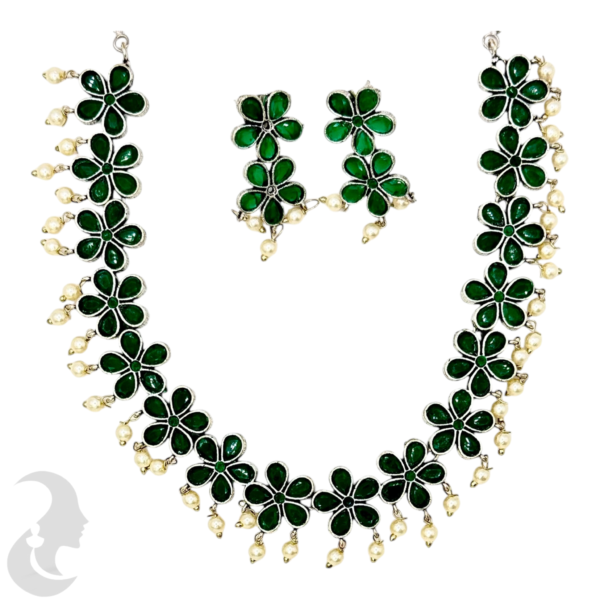 Silver Necklace- Flower Design- Green Color Stones- Studs, Product Code: V-1284