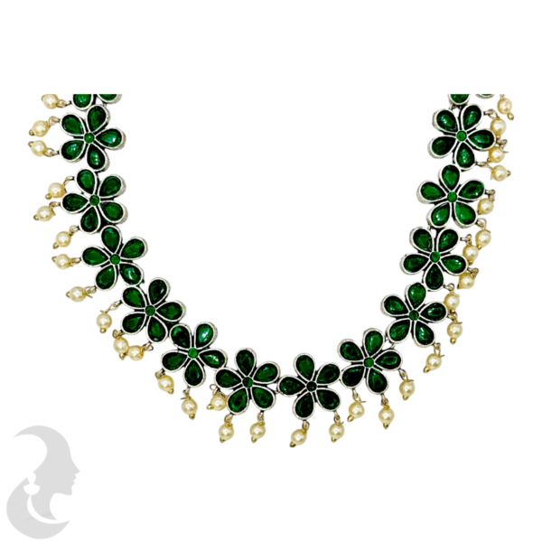 Silver Necklace- Flower Design- Green Color Stones- Studs, Product Code: V-1284 - Image 2